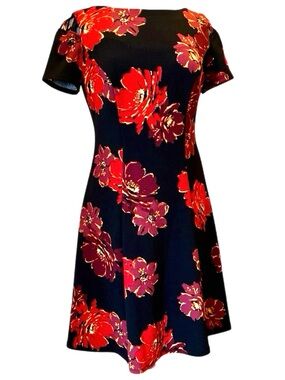 AGB Dress Black with Red, Burgundy Floral - Size 10